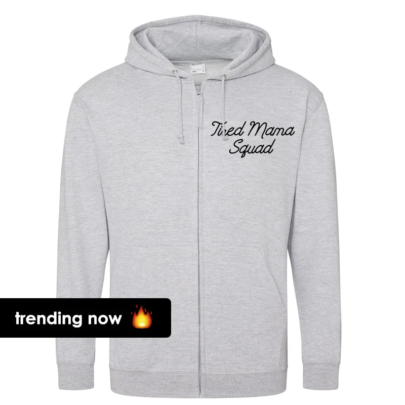 Tired Mama Squad Mini Logo Zipped Hoodie (MRK X) Hoodie with Hem Applique Textured Unique