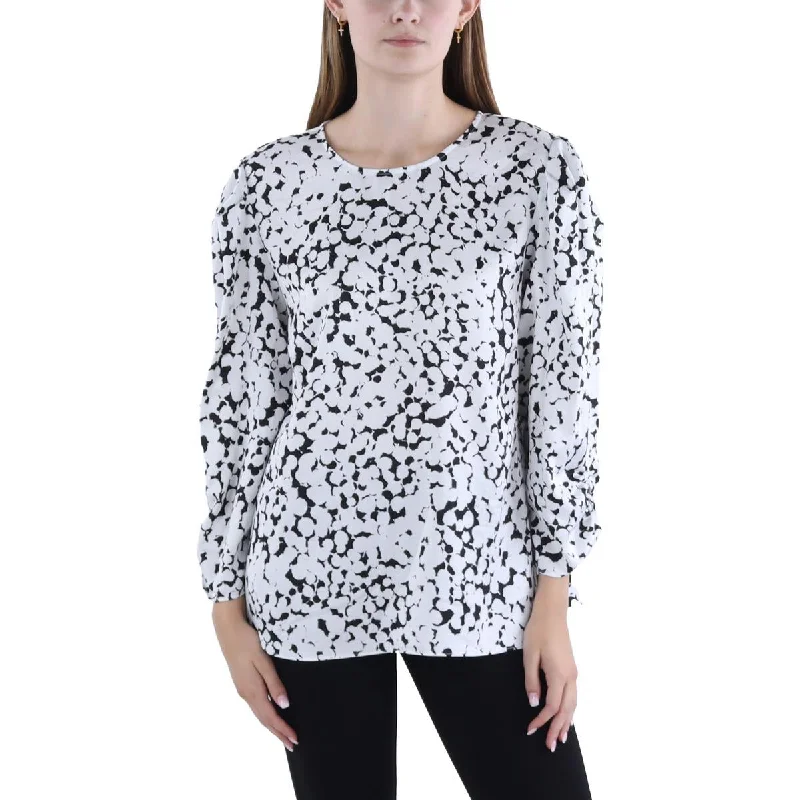 Womens Printed Ruched Blouse Ruffled Neck Blouse