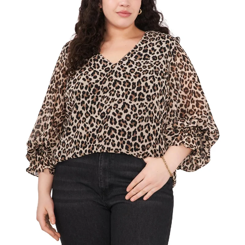 Plus Womens Leopard Print V-Neck Blouse Subtle Shimmer Blouse