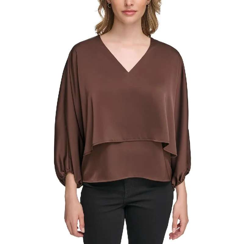 Womens Layered V-Neck Blouse Chic Off-Shoulder Blouse