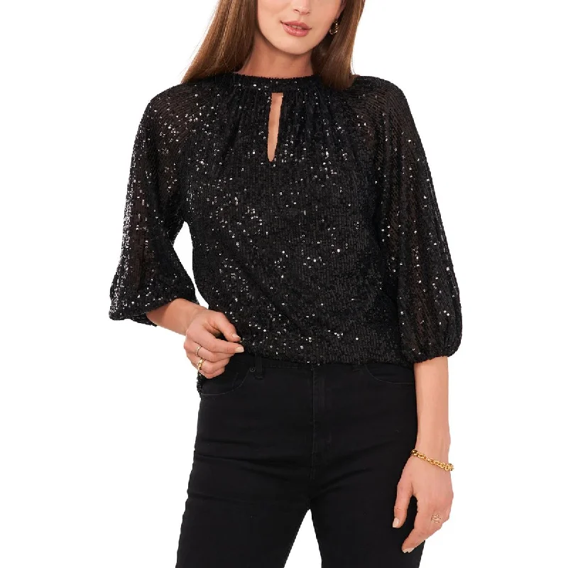 Womens Sequined Keyhole Blouse Semi-Sheer Blouse