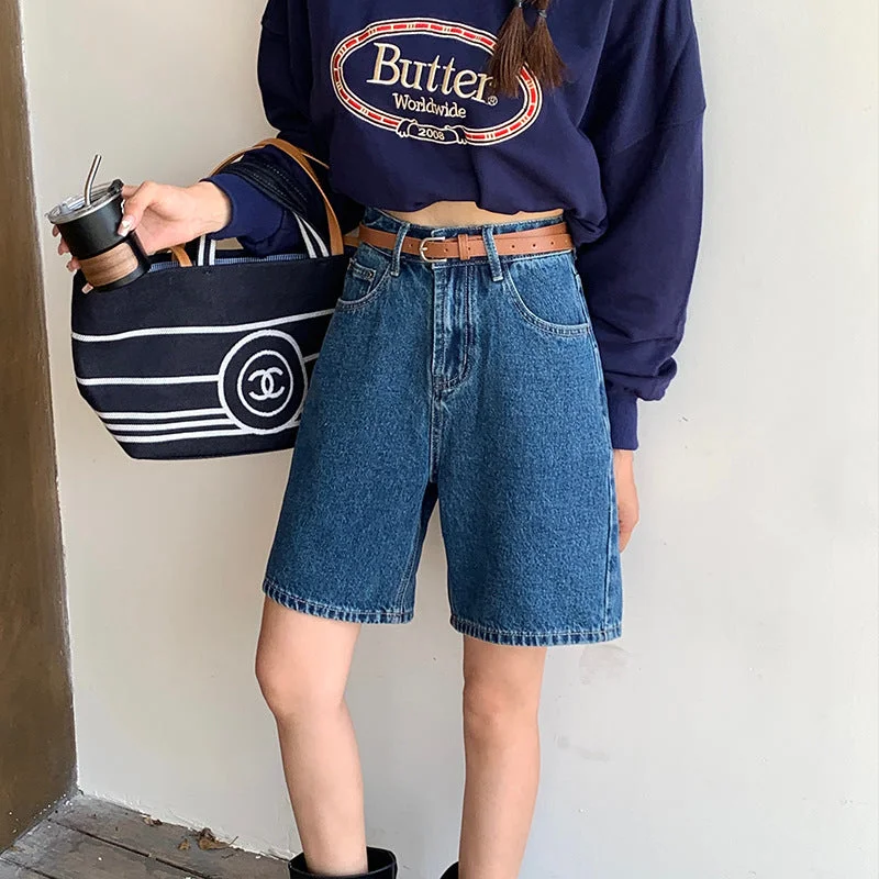 Wjczt masc outfits Denim Blue Denim Shorts Women's Summer Fashionable Letter Embroidered High Waist Loose Slimming Straight Wide Leg Pants Cozy Fitted Pants