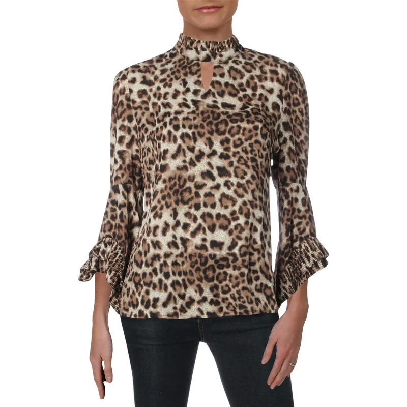 Womens Animal Print Mock Neck Blouse Embroidered Cotton Blouse