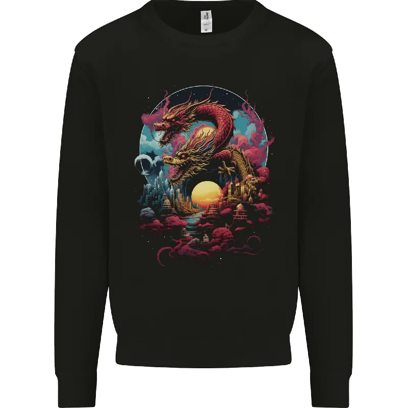 2 Sunset Fantasy Dragons Mens Sweatshirt Jumper Hoodie with Hem Fringe Bohemian Relaxed