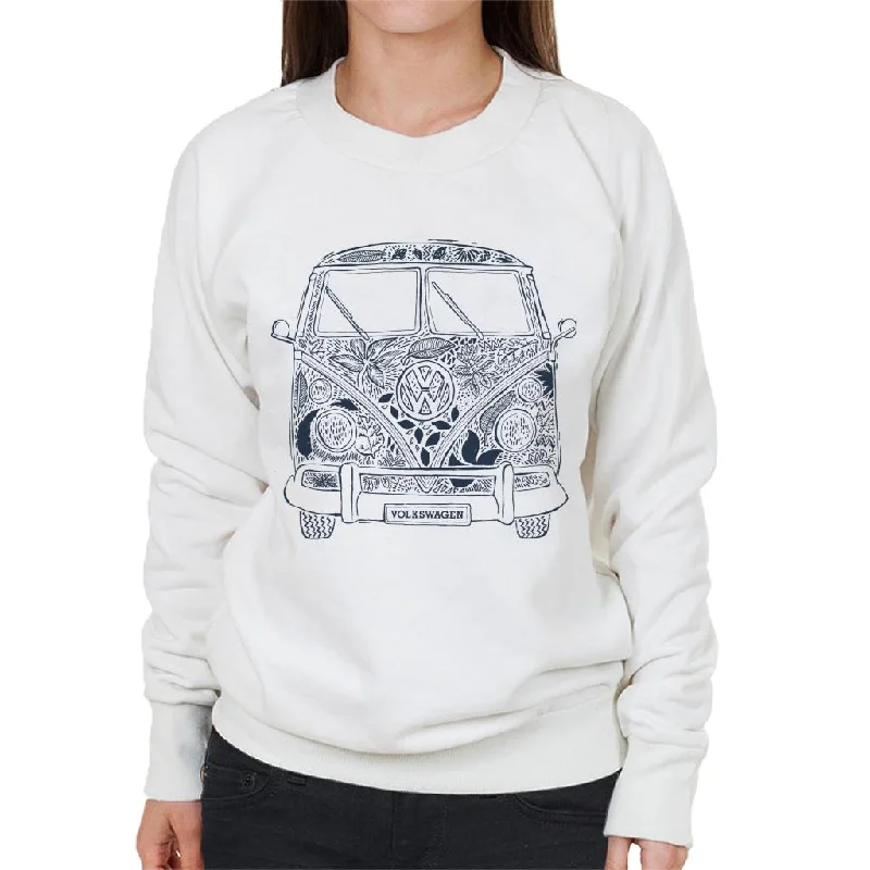 Volkswagen Camper Tropical Flower Print Women's Sweatshirt Hoodie with Exposed Zipper Edgy Industrial