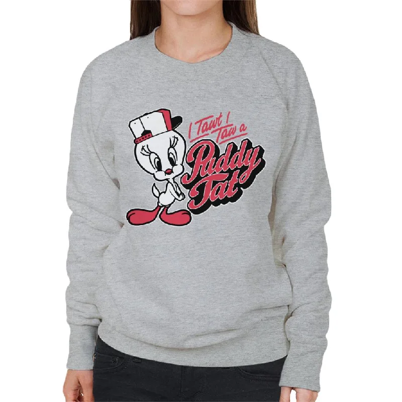 Looney Tunes Tweety Baseball Puddy Tat Women's Sweatshirt Hoodie with Hem Frayed Vintage Worn