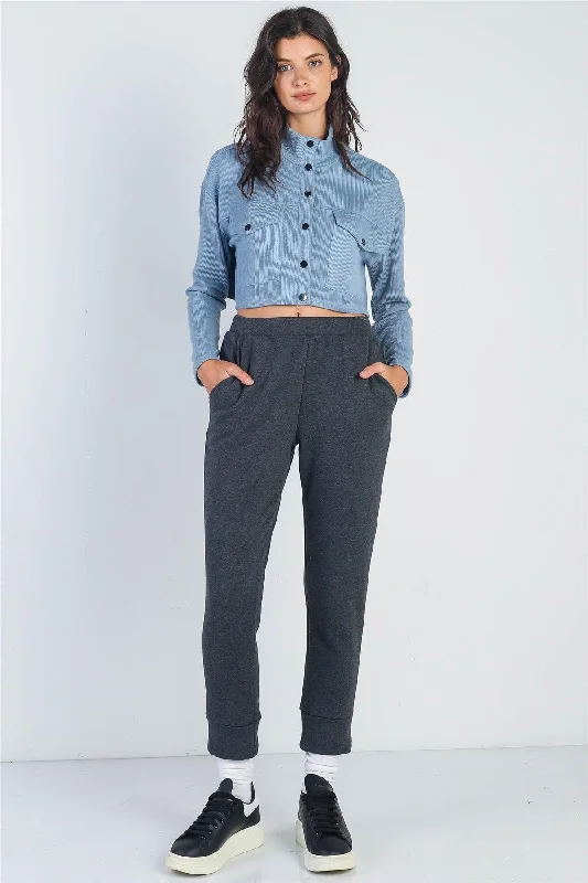 Charcoal High Waist Two Pocket Joggers Pants Comfy Zip-Up Pants