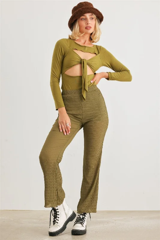 Light Olive Plisse High Waist Lettuce Hem Pants /1-2-2-1 Chic Wool Trousers