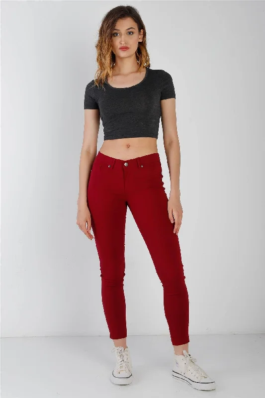 Ruby Red Contrast Button Mid Rise Skinny Pants Elegant Dress Pants