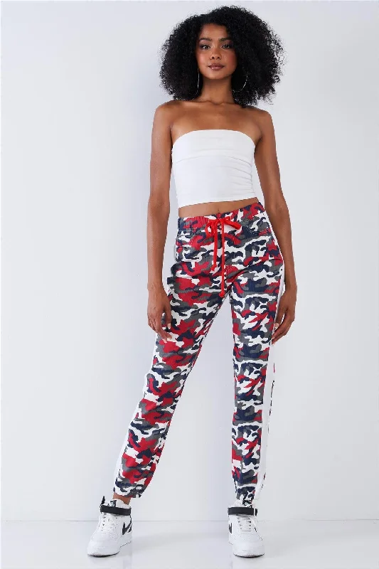 Red Camo Side Striped Elastic Waist Cargo Pants Stylish Harem Pants