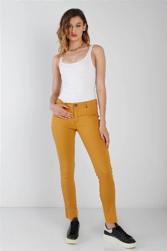 Mustard Contrast Button Mid Rise Skinny Pants Cozy Lounge Pants