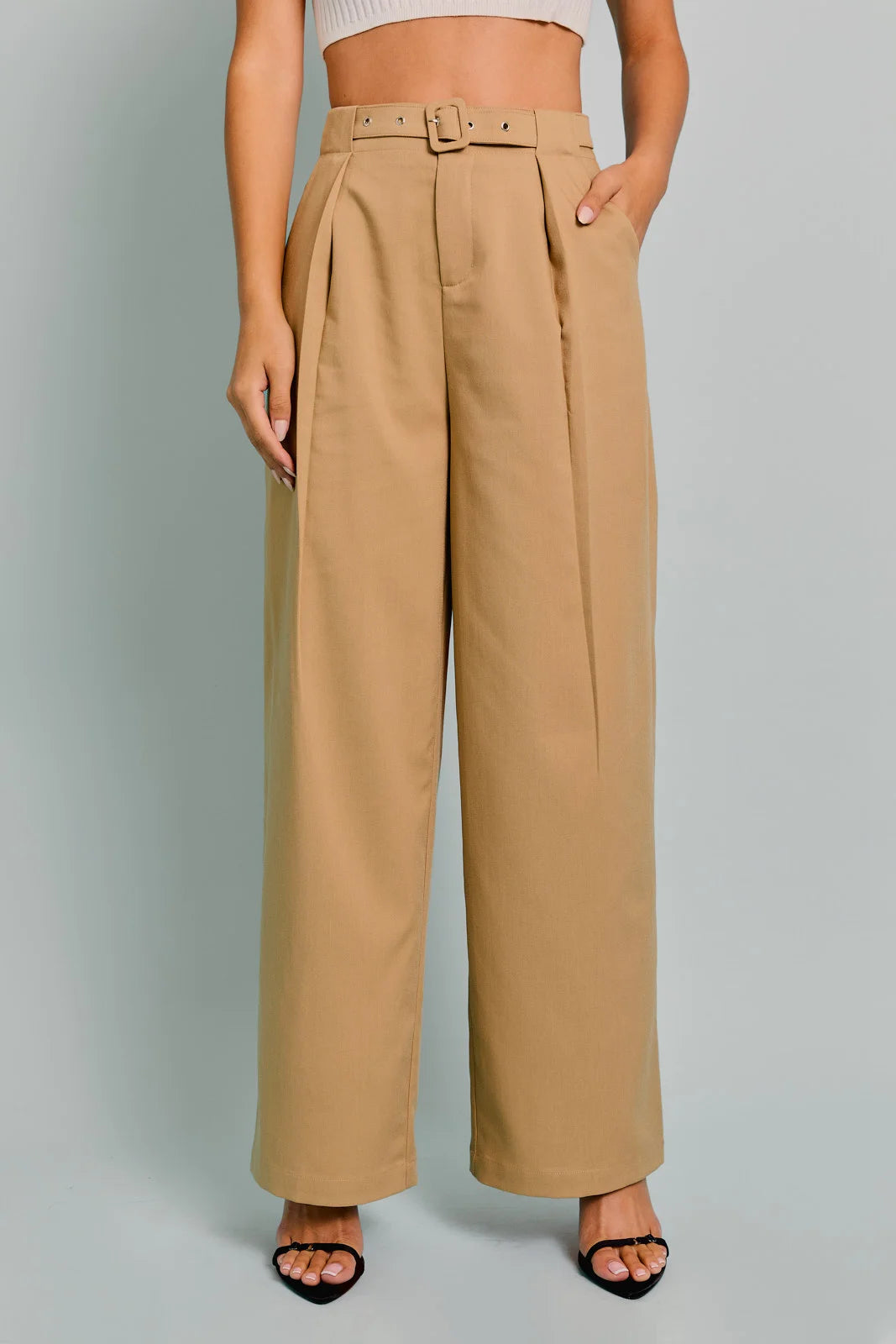 Camel Belted High Waist Wide Dressy Pants Comfortable Pleated Pants