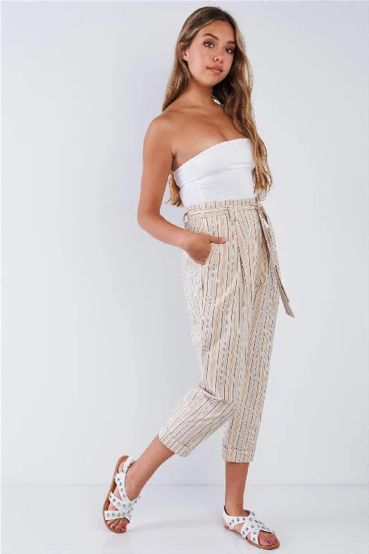 Natural Striped High Waisted Tapered Folded Hem Pants Formal Wide-Leg Pants