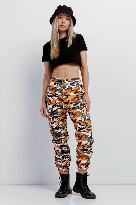 Orange Camouflage High Waisted Cargo Pants Elegant High-Waist Pants