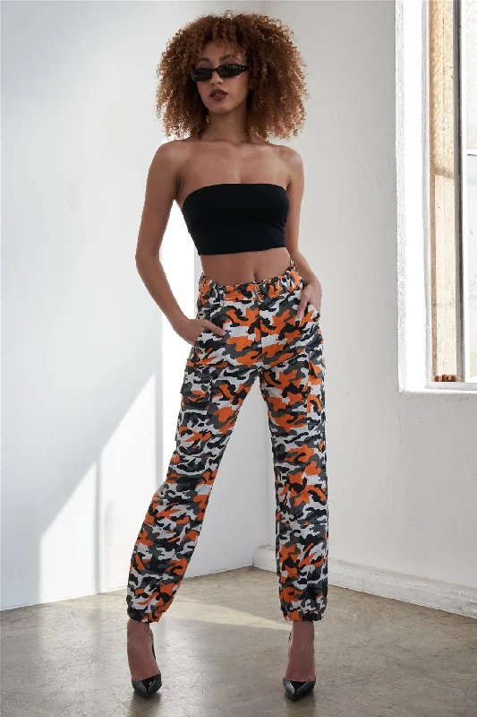 Orange Camo Belted High Waist Cargo Pants Stylish Paperbag Waist Pants