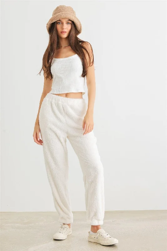 Ivory Fuzzy Knit Two Pocket High Waist Pants /2-2-2 Casual Yoga Pants