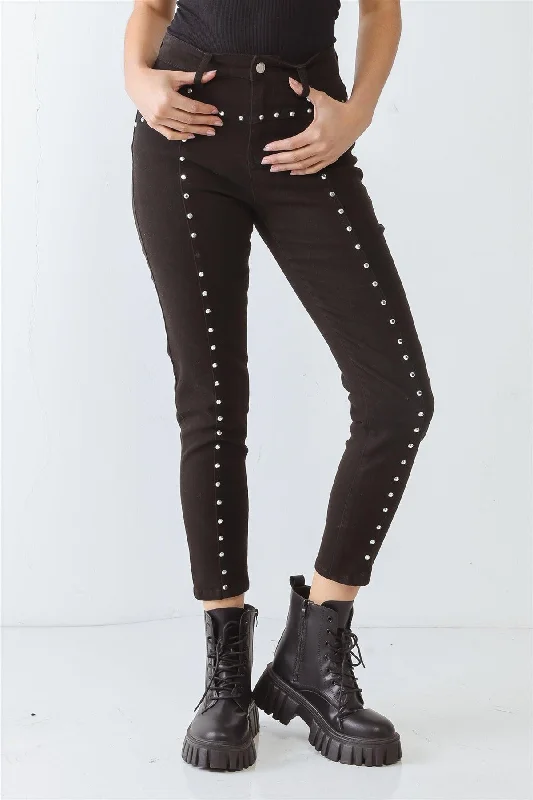 Black Cotton Skinny Rivet Two Pocket High Waist Pants High-Waist Jeans