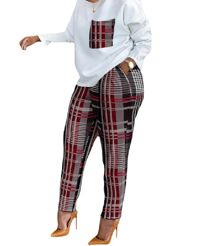 Women's Plaid Printed Long-Sleeved Top and Two-Piece Pants (CL9882) Trendy Printed Leggings