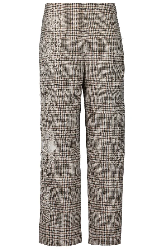 Peony Appliqué Plaid Pant Casual Plaid Pants