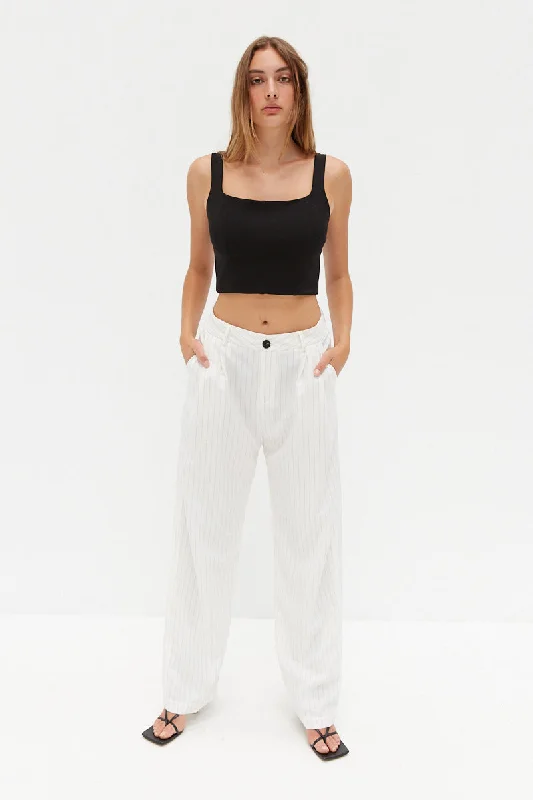 Pinstripe Pants - White Slim Fit Casual Pants