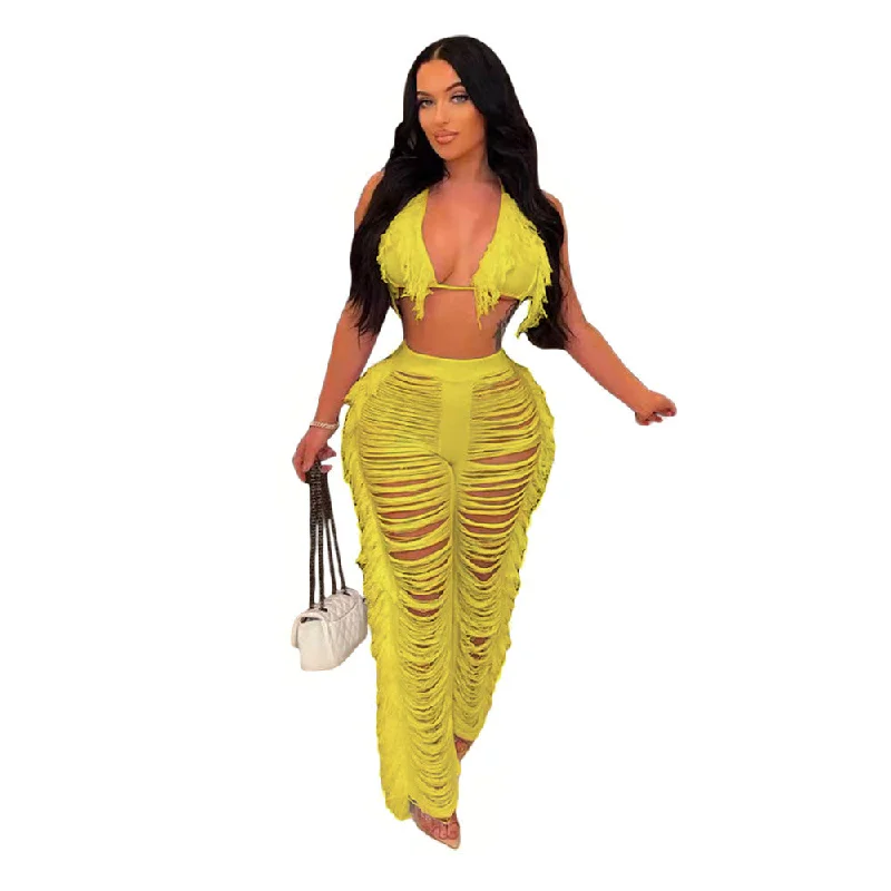 New Women 'S Pure Color Bikini Tassel Knitted Beach Pants Suit (CL10134) Soft Stretch Leggings