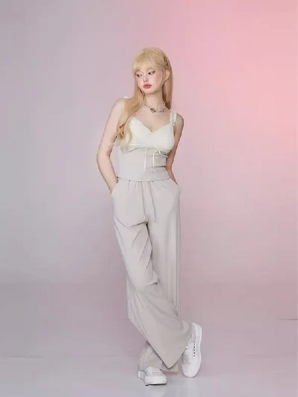 Dressy Beige Gray Lace Camisole Top Casual Pants Set【s0000006352】 Soft Wool Pants