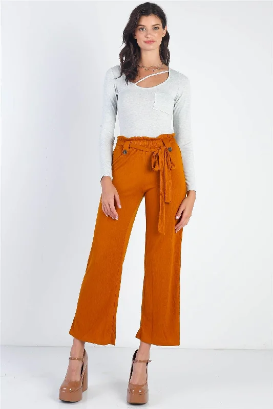 Rust Textured Self-Tie Belted Culotte Pants Fashionable Jogger Pants