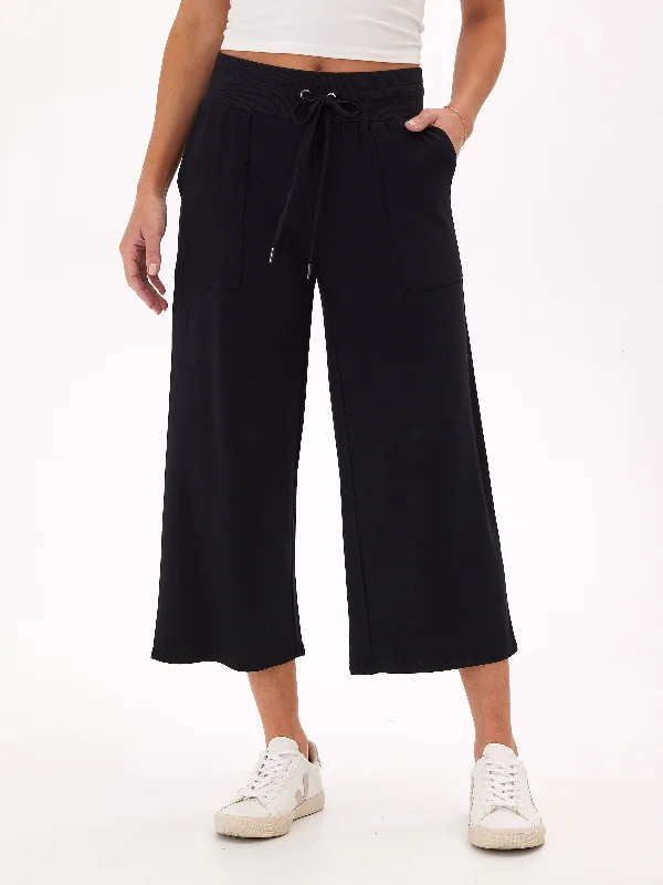 Carrie Feather Fleece Wide Leg Crop Pant 22" Sleek Black Pants