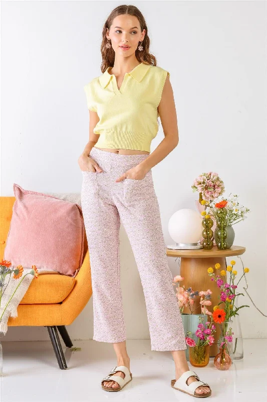 Pink & Cream Chamomile Print Two Pocket High Waist Pants /3-2-1 Elegant Silk Pants