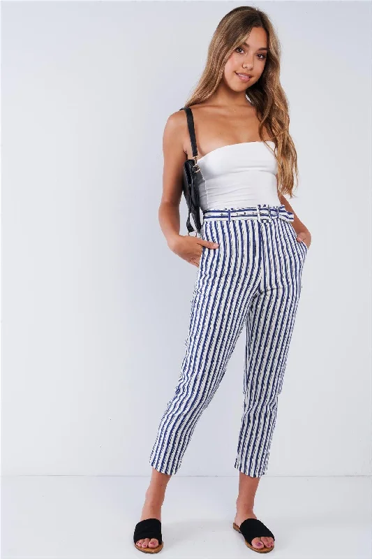 Navy Striped Tapered Belted Capri Pant Modern Bootcut Pants