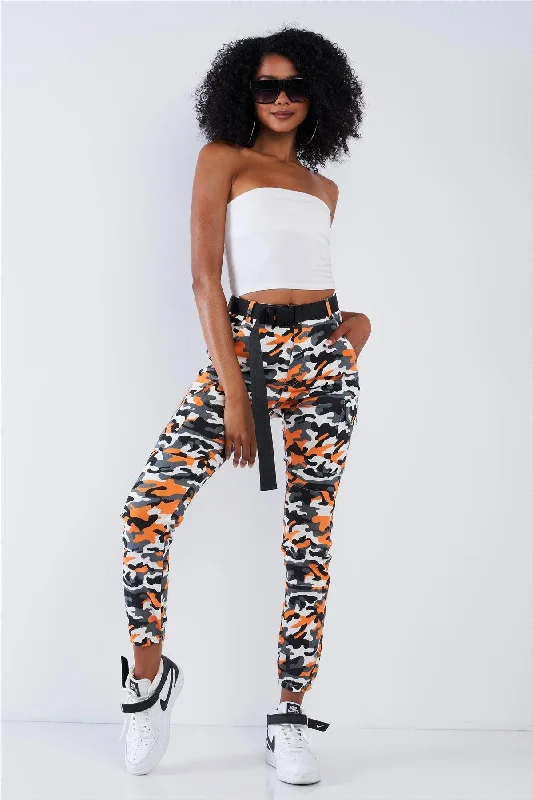 Orange Camo High Waisted Belted Cargo Pants Relaxed Lounge Trousers