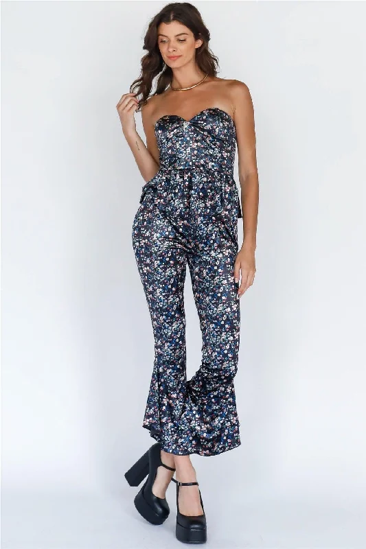 Multi Color Floral Print Velvet Top & Flare Hem Pants Set Elegant Wool Trousers