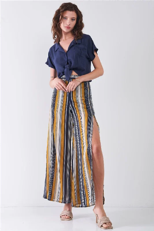 Striped Glitter Stitching High Waist Side Slit Wide Leg Pants Stylish Elastic Waist Pants