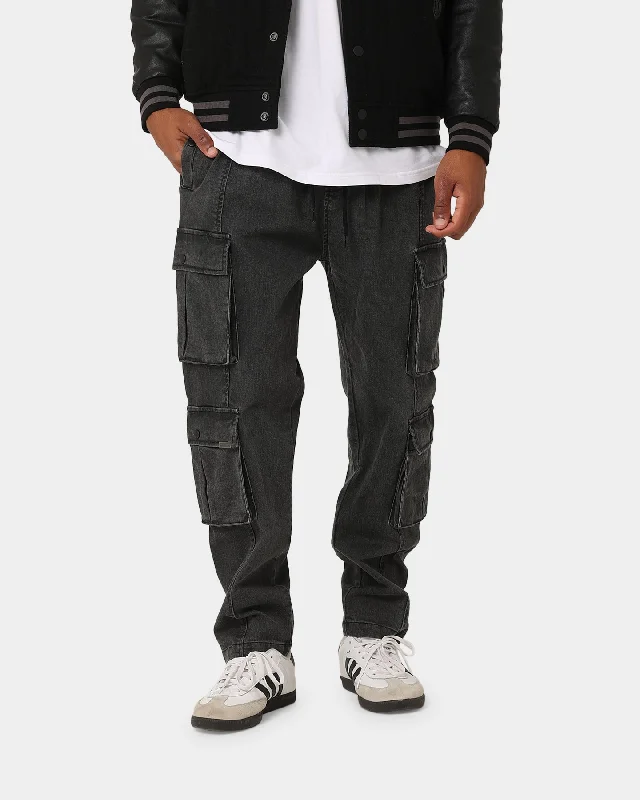 Carre Double Denim Cargo Pants Washed Black Stylish Elastic Waist Pants