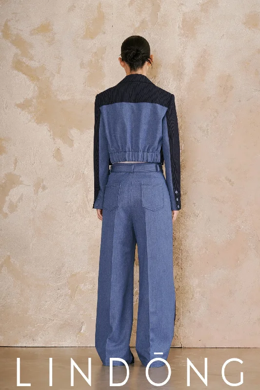 LINDONG | Oceane Blue Striped Contrast Pants Relaxed Fit Trousers