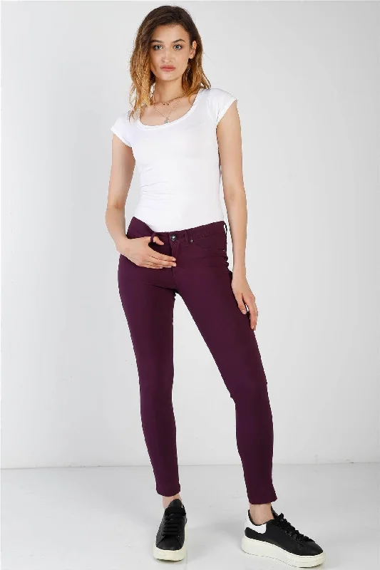 Purple Plum Contrast Button Mid Rise Skinny Pants High-Waist Trousers