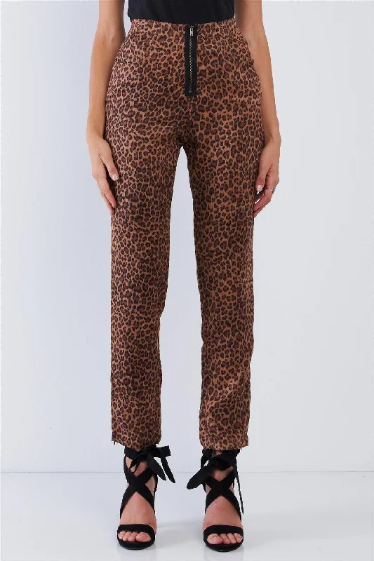 Leopard Print High Waisted Front Zipper Fly Accent Ankle Length Pants Stretch Fit Pants