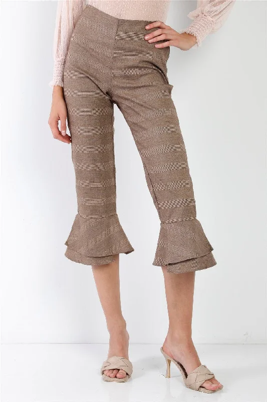 Brown Checkered High-Waisted Capri Pants /1-2-2-1 Relaxed High-Waist Trousers