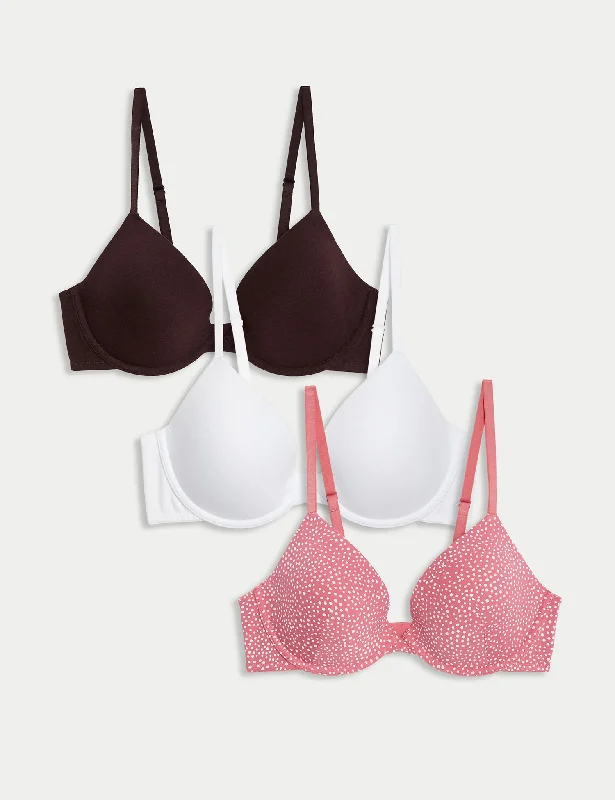 3pk Cotton Wired Plunge T-Shirt Bras A-E Anti-Pilling Machine Wash Handmade