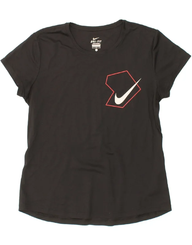 NIKE Womens Dri Fit Graphic T-Shirt Top UK 14 Large Black Polyester Welt Pockets Slit Pockets NIKE Womens Dri Fit Graphic T-Shirt Top UK 14 Large Black Polyester Welt Pockets Slit Pockets