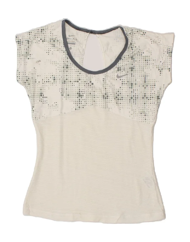 NIKE Womens Dri Fit T-Shirt Top UK 12 Medium White Spotted Polyester Embroidered Appliqued Beaded NIKE Womens Dri Fit T-Shirt Top UK 12 Medium White Spotted Polyester Embroidered Appliqued Beaded
