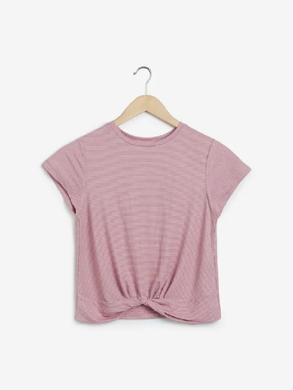 Nuon Pink Striped Twister Crop T-Shirt Handmade Hand-knitted Hand-woven