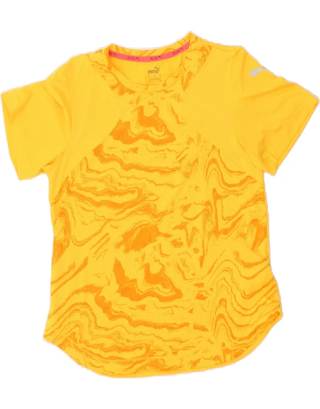 PUMA Womens Abstract Pattern T-Shirt Top UK 12 Medium Yellow Polyester Mesh Blend Leather Blend Suede Blend PUMA Womens Abstract Pattern T-Shirt Top UK 12 Medium Yellow Polyester Mesh Blend Leather Blend Suede Blend