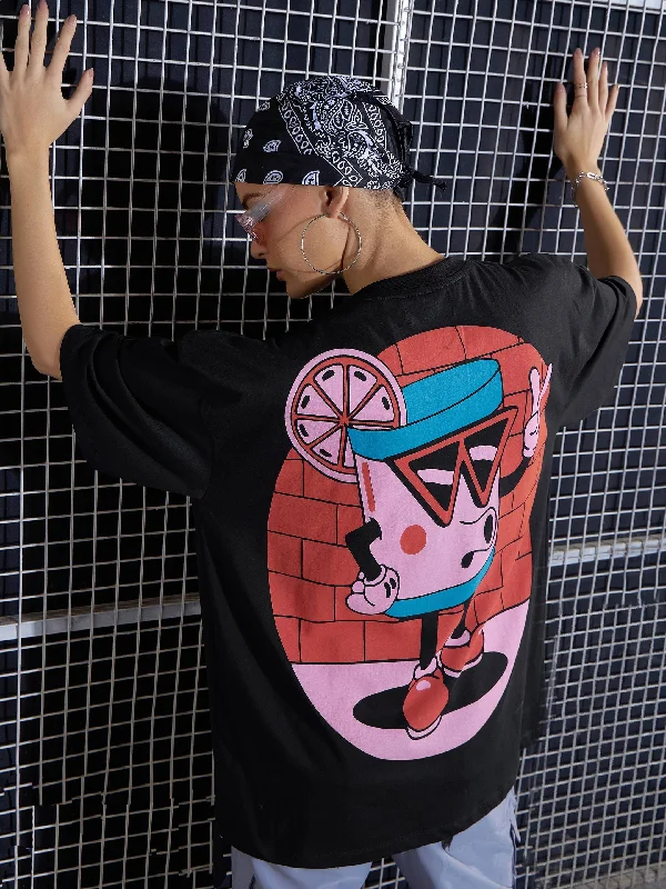 Women Black Cartoon Printed Oversized T-Shirt Striped Floral Plaid