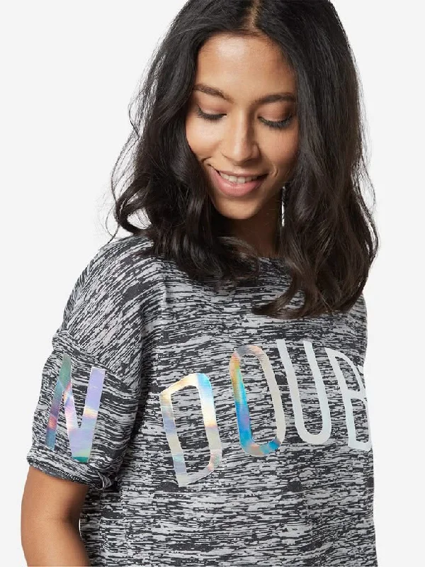 Studiofit Black Holographic Text Pattern T-Shirt Notch Collar Peter Pan Collar Cowl Neck Studiofit Black Holographic Text Pattern T-Shirt Notch Collar Peter Pan Collar Cowl Neck