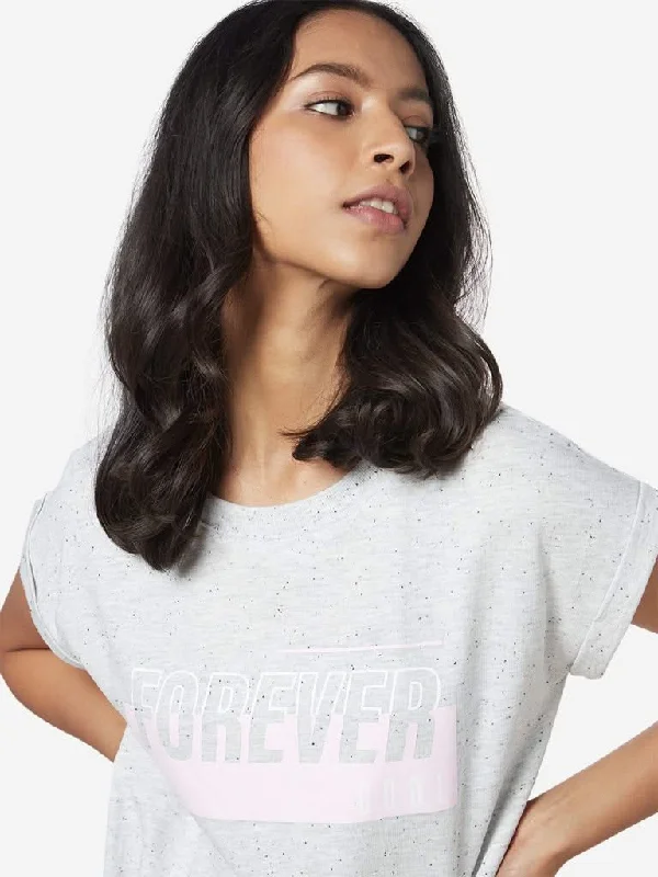 Studiofit Grey Text Print T-Shirt Solid Print Embellished