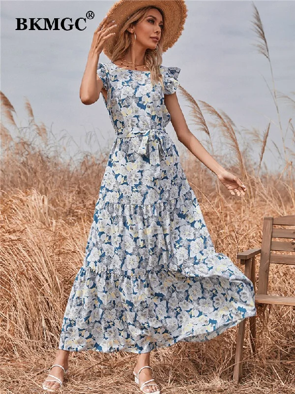 BKMGC Long Maxi Dresses For Women Casual Sleeveless Belt Elastic Ruffle Floral Printed Summer #6293 Comfortable Flowy Maxi Dress BKMGC Long Maxi Dresses For Women Casual Sleeveless Belt Elastic Ruffle Floral Printed Summer #6293 Comfortable Flowy Maxi Dress