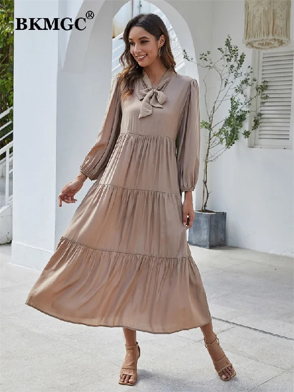 BKMGC Tiered Maxi Dress Champagne Tan Tie Neck Ascot Neckline Long Sleeve Ruffle Elegant Office Lady Autumn Dailywear Dresses Cozy Knitted Maxi Dress BKMGC Tiered Maxi Dress Champagne Tan Tie Neck Ascot Neckline Long Sleeve Ruffle Elegant Office Lady Autumn Dailywear Dresses Cozy Knitted Maxi Dress