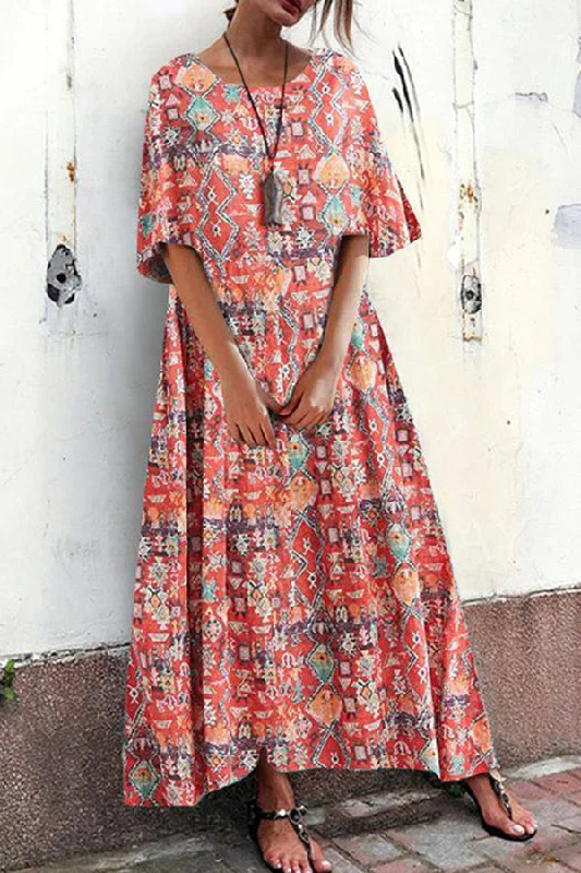 Boho Print Round Neck Maxi Dress Elegant Velvet Maxi Dress
