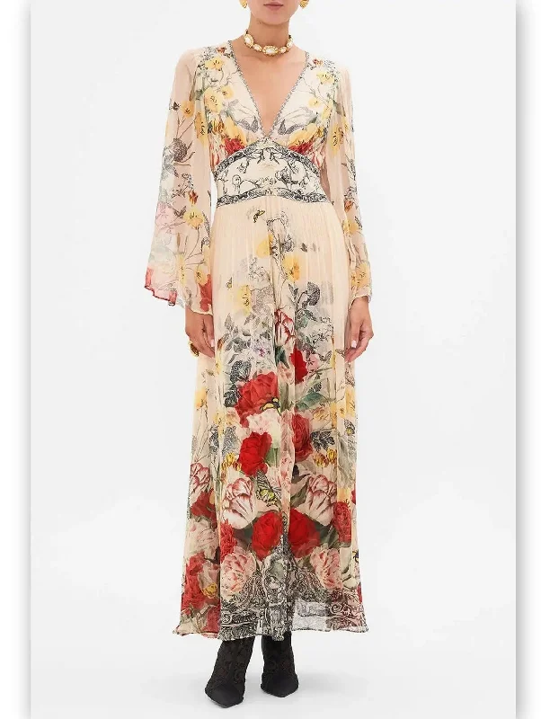 Floral-Print Long Flared Maxi Dress with Plunge V-Neck Comfortable Maxi Dress with Slits Floral-Print Long Flared Maxi Dress with Plunge V-Neck Comfortable Maxi Dress with Slits